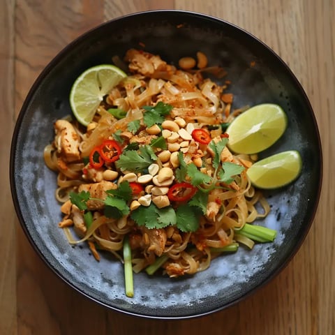 Bol de nouilles sautées avec morceaux de poulet, noix croquantes, piments et coriandre fraîche.