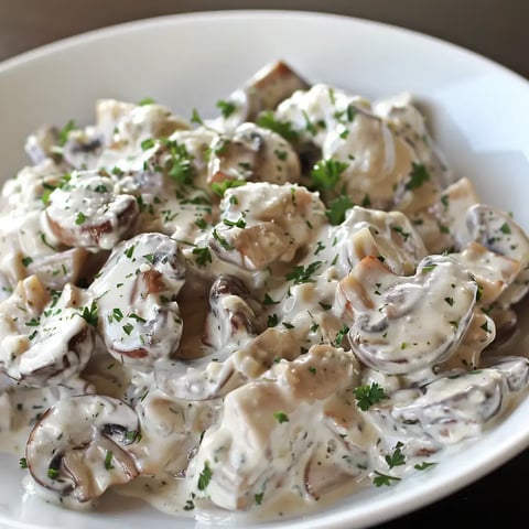 Des champignons nappés de crème avec du persil frais dans un bol élégant.