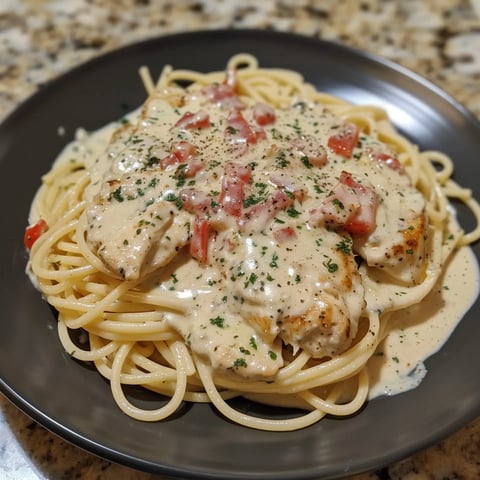 Assiette de pâtes et poulet croquant nappés d'une sauce crémeuse au fromage, tomatée et persillée.
