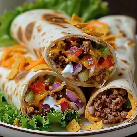 Wraps avec bœuf haché, fromage fondu, plein de légumes frais et crème déposée dessus sur un lit de salade.