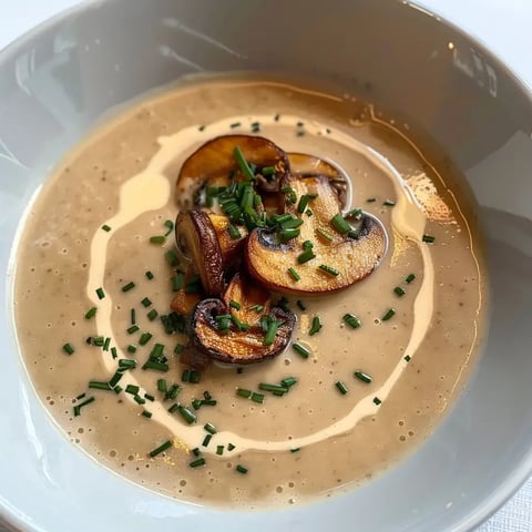 Bol généreux de soupe aux champignons crémeuse avec brins de ciboulette.