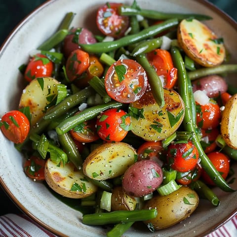 Une belle assiette riche en couleurs avec pommes de terre, haricots verts, tomates cerises et persil tout frais.