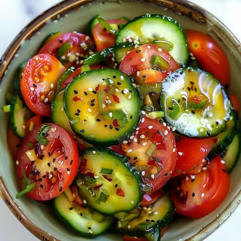 Des tomates cerises coupées en deux, des rondelles de concombre, de l’oignon, des graines de sésame et des piments pour réveiller le tout.