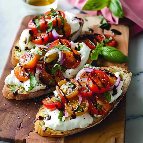 Sur une planche, des tartines de pain doré avec mozzarella, tomates cerises, oignons rouges, basilic et un filet de vinaigre.