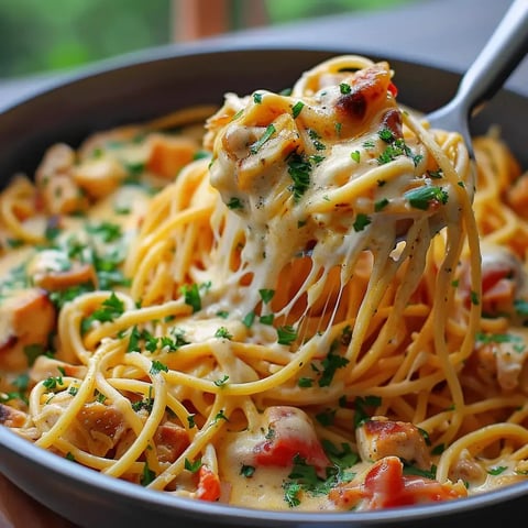 Assiette de spaghetti crémeux, morceaux de poulet et persil frais dessus.