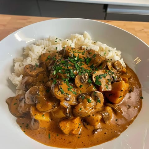 Des pâtes nappées de sauce crémeuse aux champignons, avec morceaux de légumes et un peu de persil frais dessus.