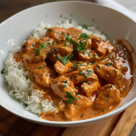 Une assiette de poulet nappé de sauce crémeuse sur du riz blanc, avec du persil frais.