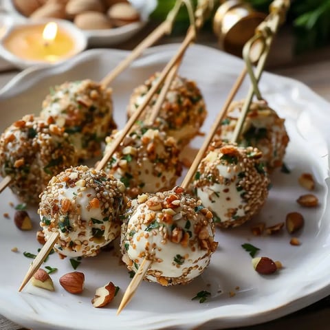 Des petites boules de fromage roulées dans des amandes et des graines, piquées sur des cure-dents, sur une grande assiette.