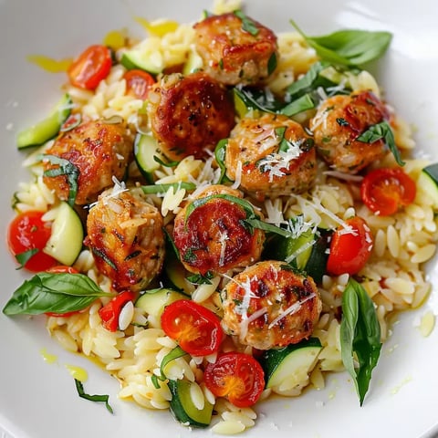 Un plat de petites pâtes avec boulettes, tomates, courgettes et basilic tout frais.