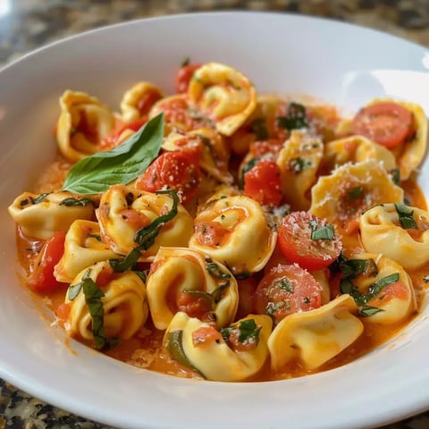 Une assiette pleine de tortellini généreusement nappés de crème, tomates cerises et basilic.