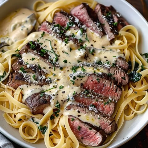 Des fettuccine bien nappées de sauce, recouvertes de fines tranches de steak et un peu de persil par-dessus.